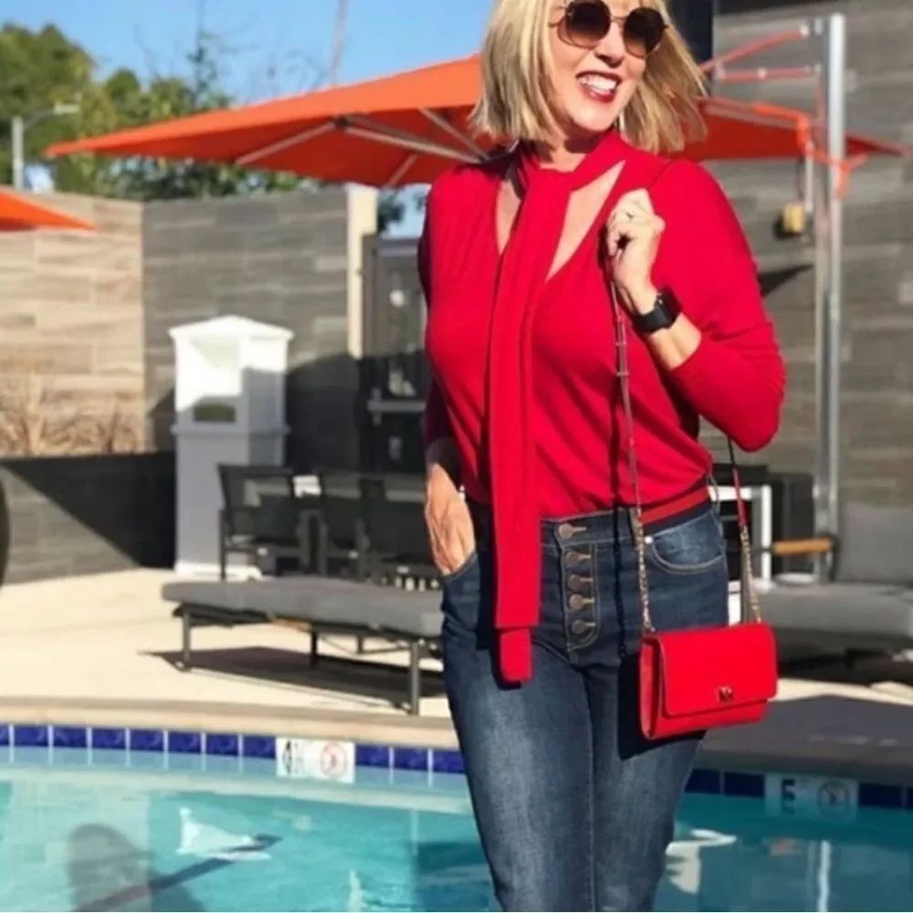 Cabi Tess Tee Tie Neck Firebrick Red